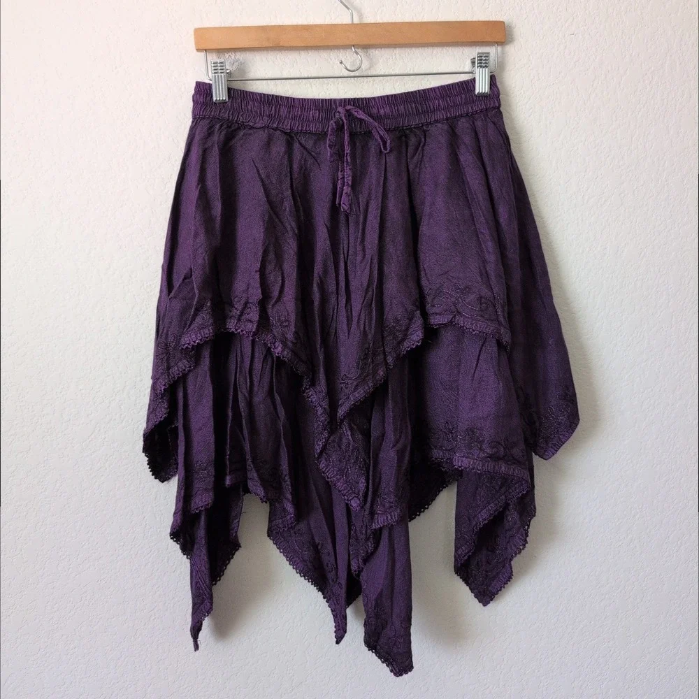 Flower Purple Embroidery Handkerchief Tiered Boho Skirt OS Rayon Fairy Whimsy